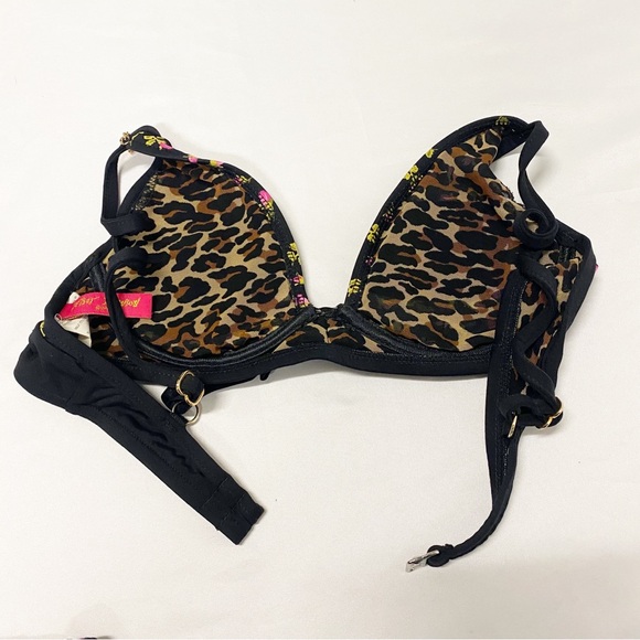 Betsey Johnson Vintage Black, Pink & Leopard Ditsy Floral Print Bikini - Picture 9 of 11
